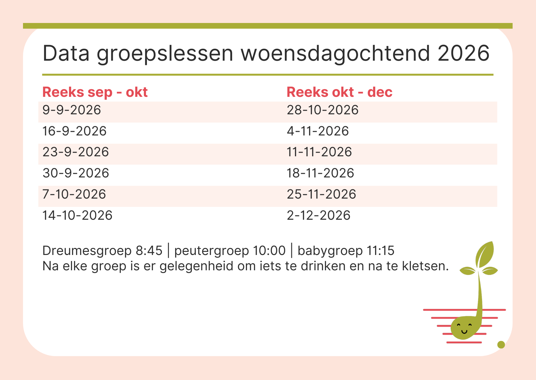 Tabel met data voor Woensdagochtend Zing & Bloei 2026, inclusief lessen, data en kosten per periode.